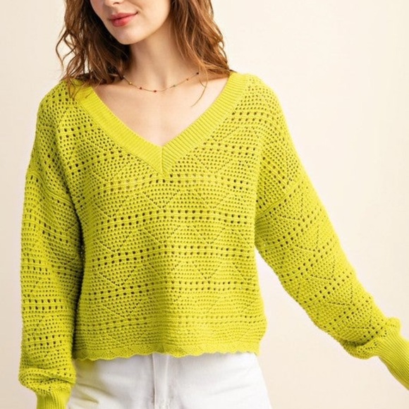 KORI V-Neck Cotton Crochet Lime Green Sweater - NWT - Picture 3 of 5